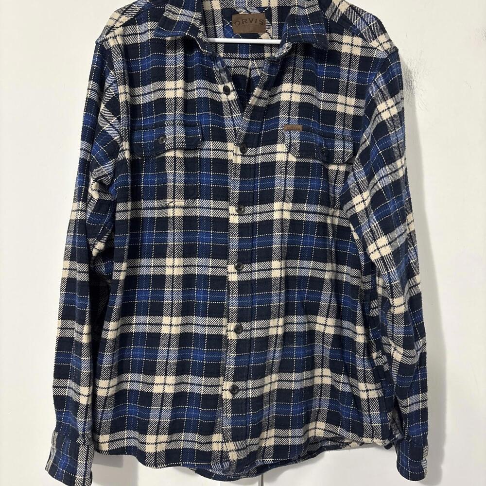 Orvis Mens Flannel Jacket Shacket Blue Plaid‎ sz L